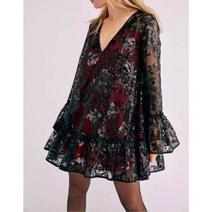 Free People Falling Flowers Frock Dress Size S Small Sequins Mini Long Sleeve V-